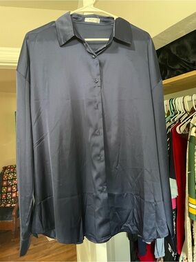 CHIGANT Satin-feel Navy Button-Front Women’s Shirt